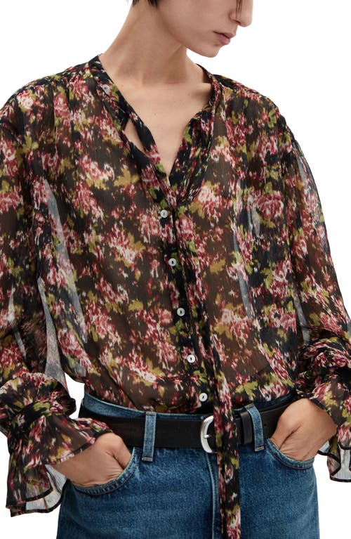 MANGO Abstract Floral Print Bow Neck Top Black at Nordstrom,