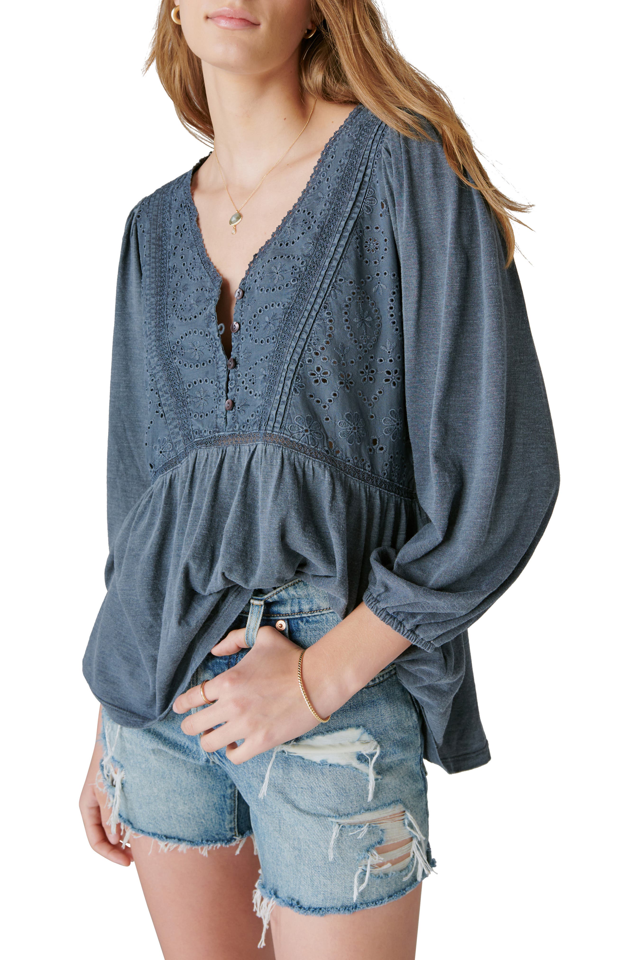 Lucky Brand Eloise Eyelet Accent Cotton & Modal Knit Peasant Blouse in Blue  Nights