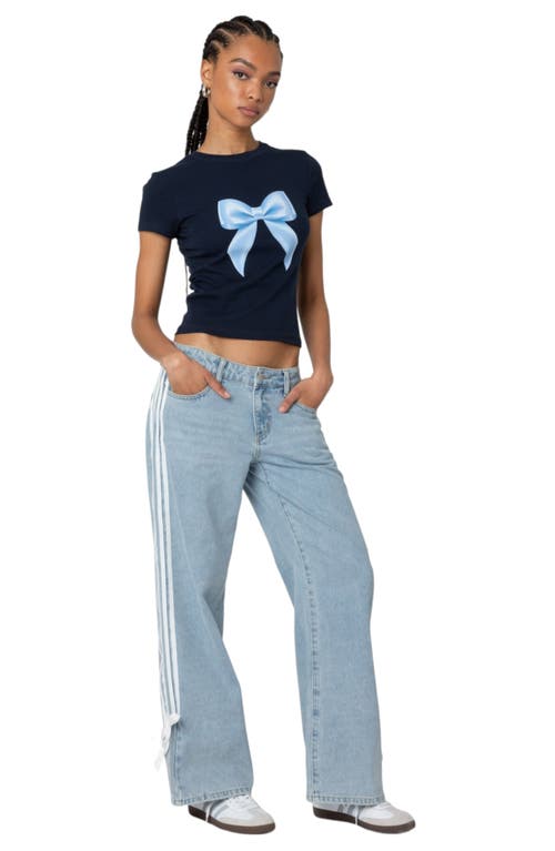 Shop Edikted Ribbon Stripe Baggy Low Rise Jeans In Light-blue