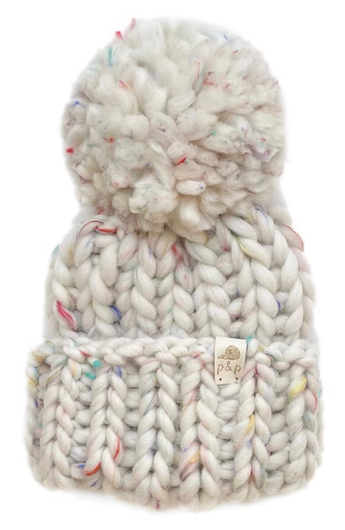 PINE + POPPY Denali Wool Blend Pompom Hat in Natural Cream Confetti