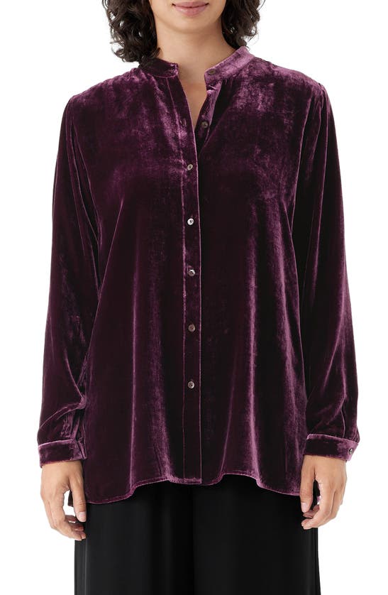 Eileen Fisher Band Collar Velvet Button-up Shirt In Purple