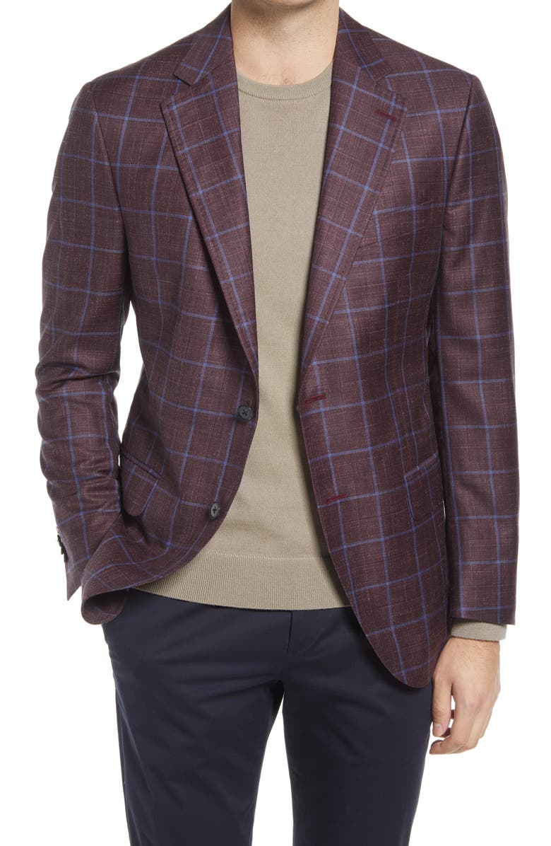 PETER MILLAR Windowpane Slub Wool Blend Sport Coat, Main, color, MAROON
