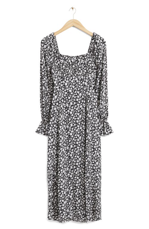 & Other Stories Floral Long Sleeve Midi Dress in Black W White Flowers Aop