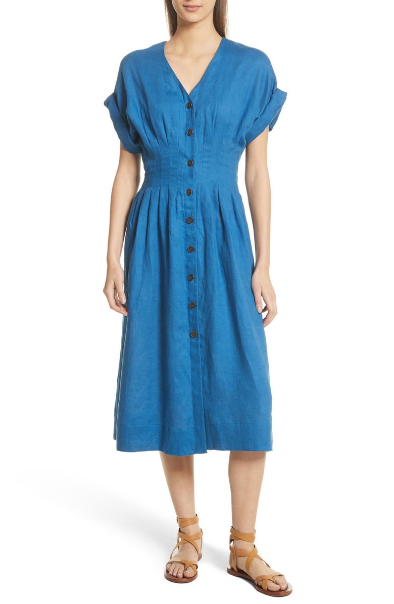 Sea Coraline Pleated Button Front Linen Dress | Nordstrom