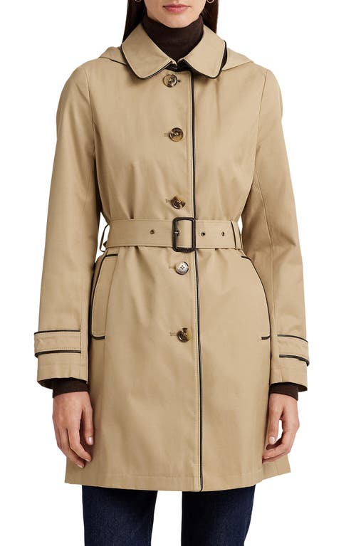 Lauren Ralph Lauren Hooded Belted Faux Leather Trim Trench Coat in Birch Tan at Nordstrom, Size X-Small