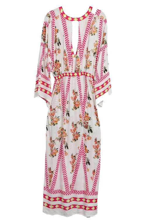 Saachi Floral Print Plunge Neck Cover-up Kaftan In White Combo