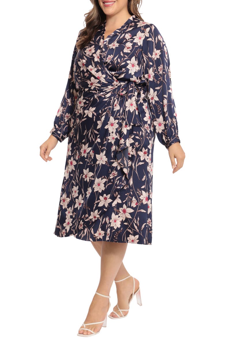 Maggy London Floral Long Sleeve Midi Wrap Dress, Alternate, color, 