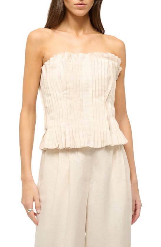 Shop Staud Parma Pleated Strapless Linen Top In Natural