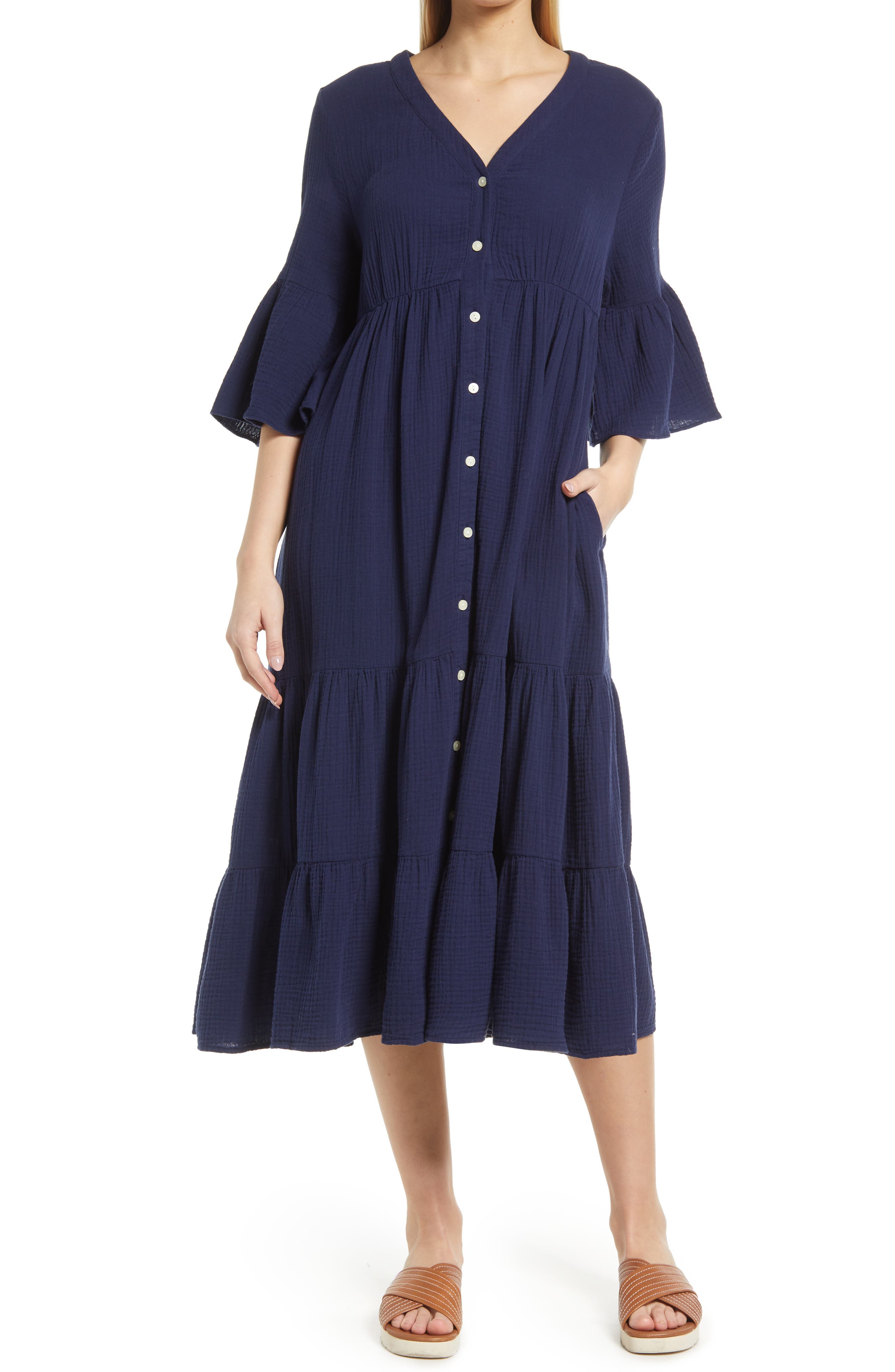 Button Front Seersucker Midi Dress 