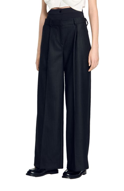 Shop Sandro Striped Double Waistband Trousers In Black