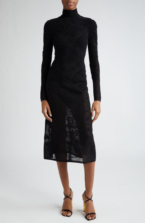 Baroque Long Sleeve Jacquard Knit Midi Dress in Black