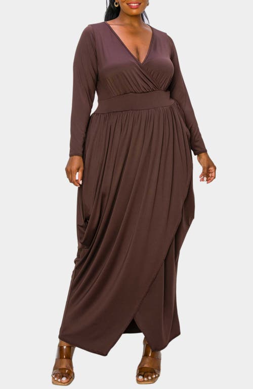 Shop L I V D Giuliana Long Sleeve Tulip Hem Faux Wrap Maxi Dress In Brown