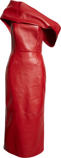 Alexander McQueen One-Shoulder Draped Leather Midi Dress