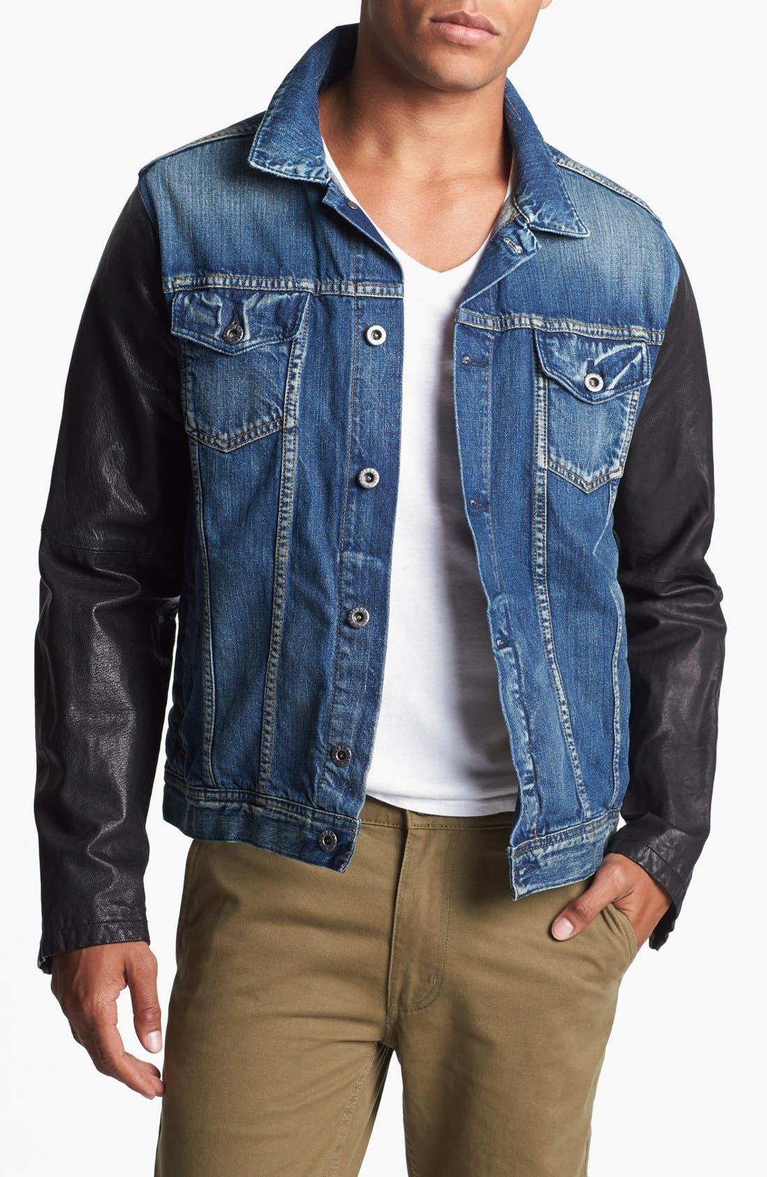 jean jacket with leather sleeves