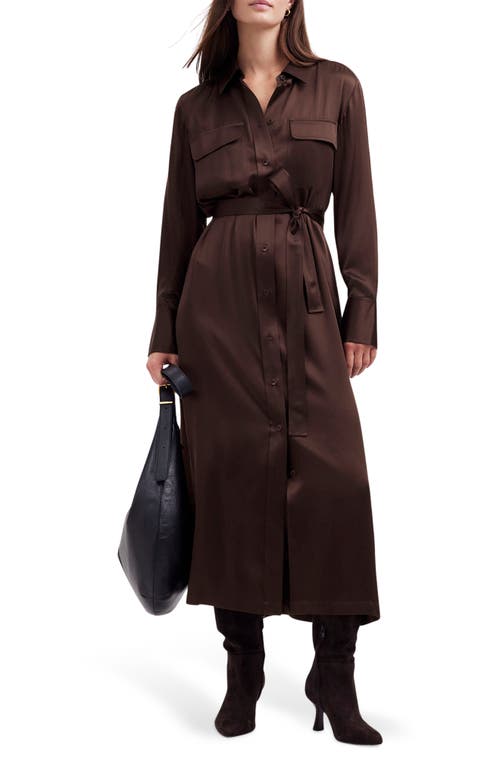 Shop Madewell Silk Belted Midi Shirtdress In Dark Carob