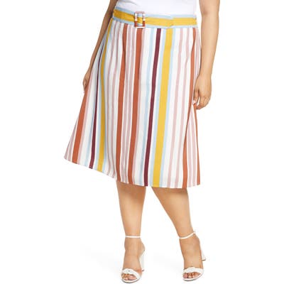 Plus Size Eloquii Stripe Belted Midi Skirt, Pink
