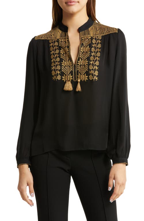 Nili Lotan Renee Embroidered Placket Silk Top in Black W/Gold Embroidery