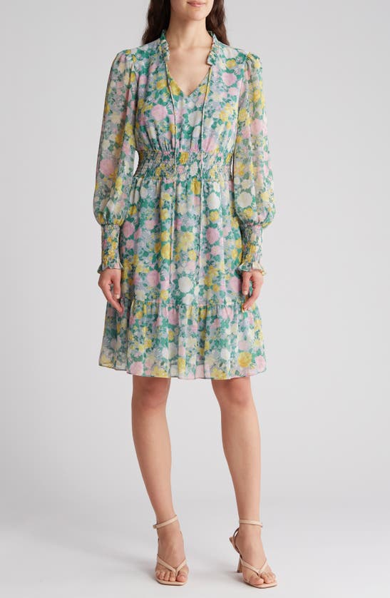 Donna Ricco Floral Smocked Waist Maxi Dress In Grey Multi