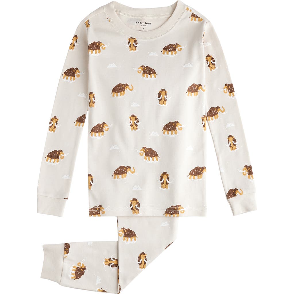 Petit Lem Kids' Wooly Mammoth Print Fitted Organic Cotton Two-Piece Pajamas in Beige