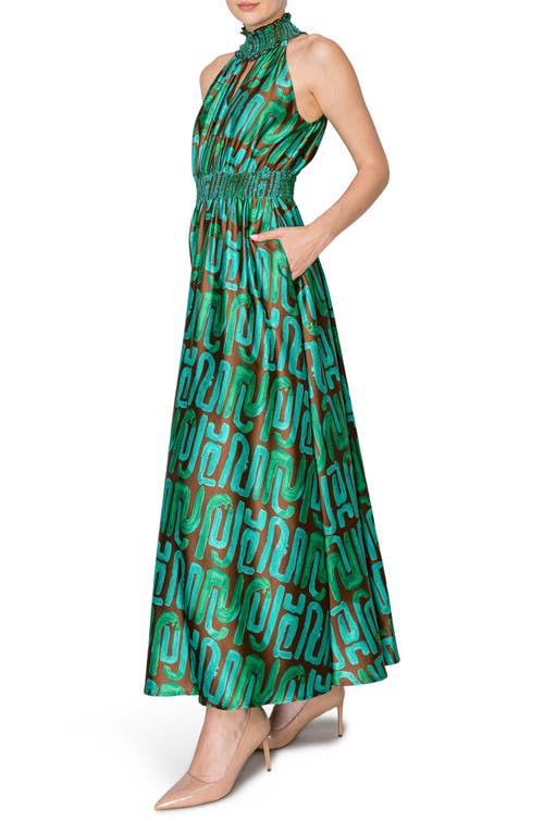 Melloday Abstract Maxi Halter Dress In Brown Green Geo