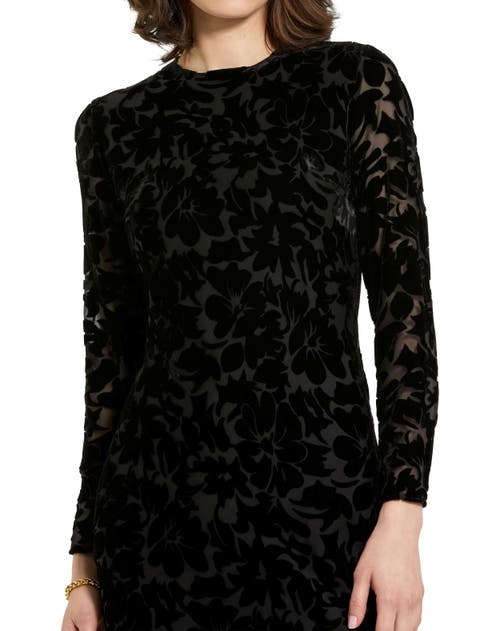 Mac Duggal Burnout Velvet Long Sleeve Ruffle Hem Midi Dress In Black