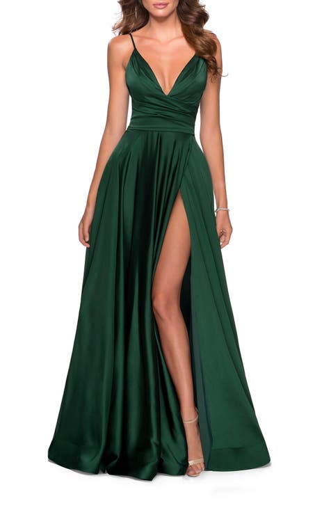 Dresses, Premium Satin V Plunge Strappy Low Back Midi Slip Dress
