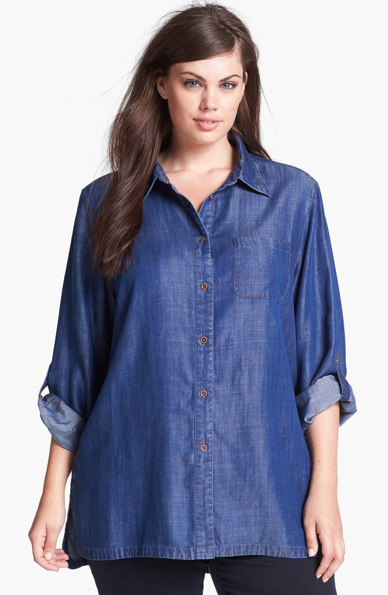 Foxcroft Chambray Shaped Shirt (Plus Size) | Nordstrom