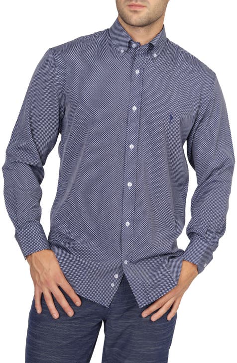 On the Fly Navy Tonal Dot Performance Stretch Button-Down Shirt