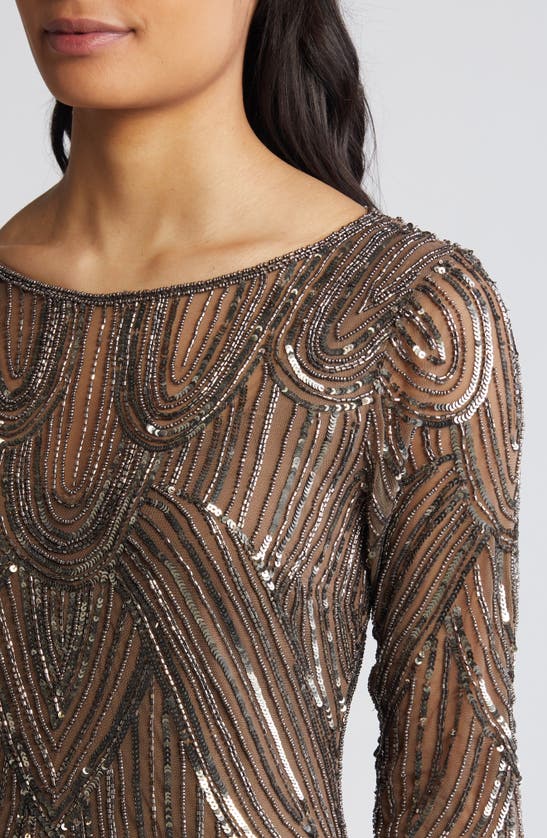 Shop Pisarro Nights Beaded Illusion Neck Gown In Mocha