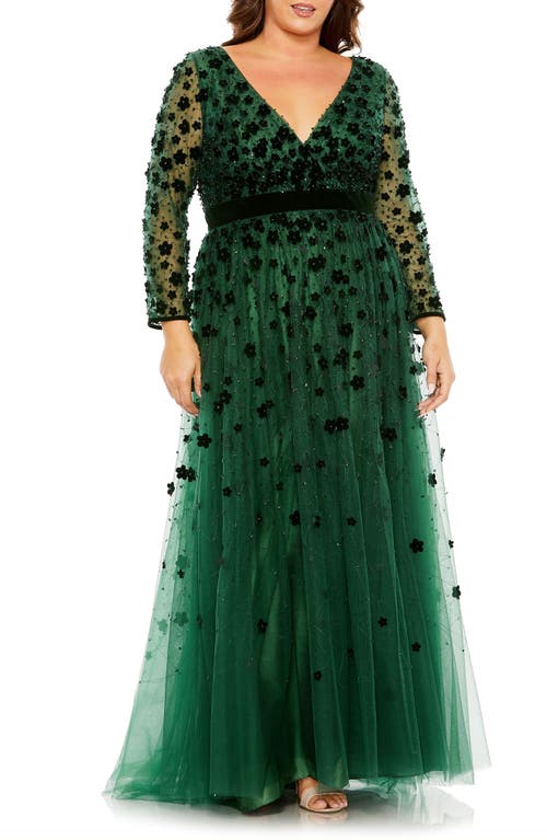 Floral Appliqué Bracelet Sleeve Gown in Emerald