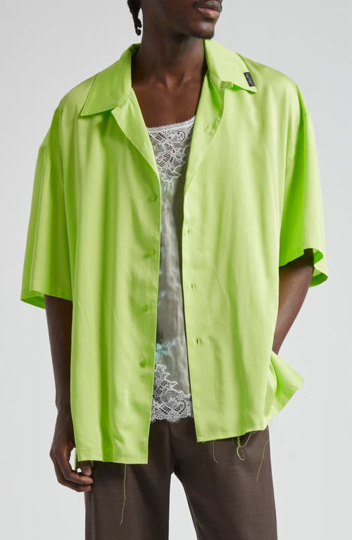 Gender Inclusive Satin & Lace Camisole Camp Shirt in Lime/Iridescent