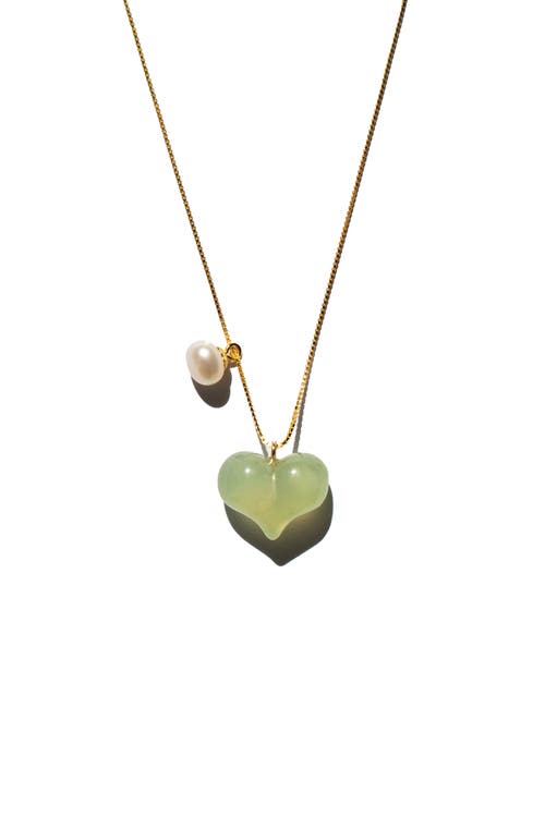Seree Women's Puffed Heart Green Jade & Pearl Pendant Necklace In Light Green
