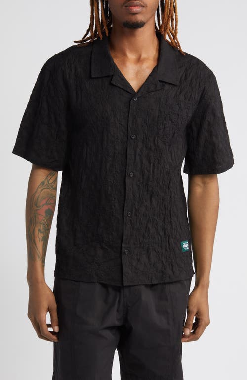 Textured Floral Short Sleeve Cotton Button-Up Shirt in Black