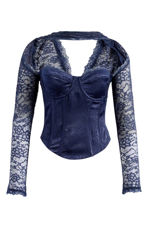 Shop Mistress Rocks Satin & Lace Corset Top In Navy