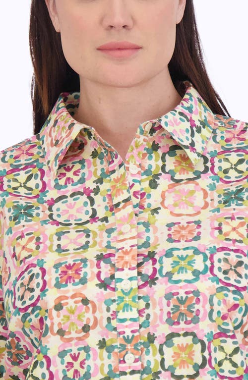 Shop Foxcroft Zoey Watercolor Print Long Sleeve Button-up Shirt In Beige/purple Multi