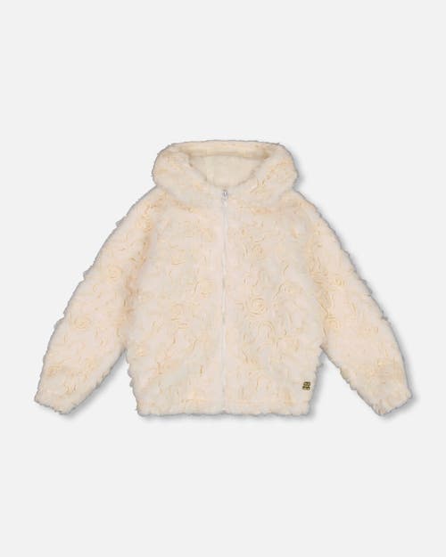 Shop Deux Par Deux Little Girl's Embroidered Faux Fur Cardigan Off White