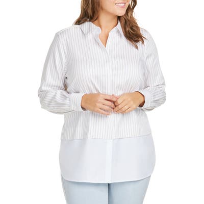 Plus Size Foxcroft Giselle Layered Look Stripe Shirt, Beige