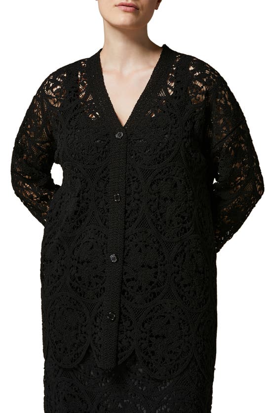 Shop Marina Rinaldi Ardea Embroidered Cotton Blend Cardigan In Black