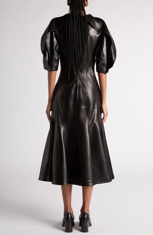 Shop Bottega Veneta Drape Puff Sleeve Napa Leather Dress In 1000 Black