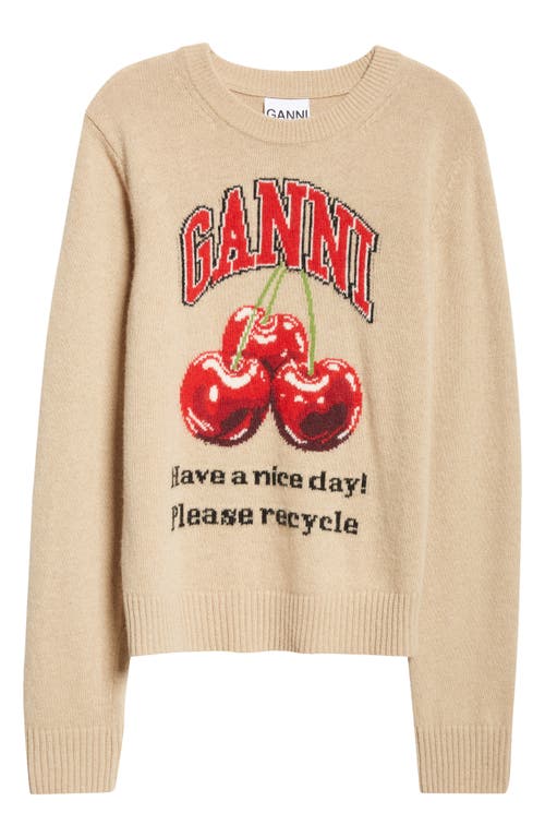 Shop Ganni Intarsia Knit Wool Blend Sweater In Safari