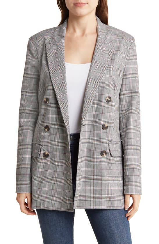 Wayf Plaid Double Breasted Blazer In Gray