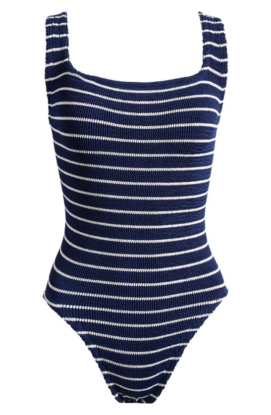 Hunza G Textured Square Neck One-piece Swimsuit In Navy/ White