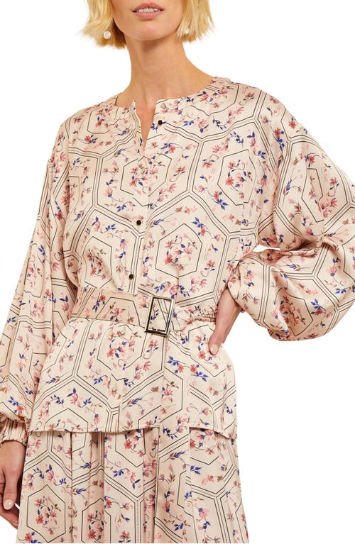 Misook Floral Balloon Sleeve Belted Shirt In Biscotti/porcelain Pink