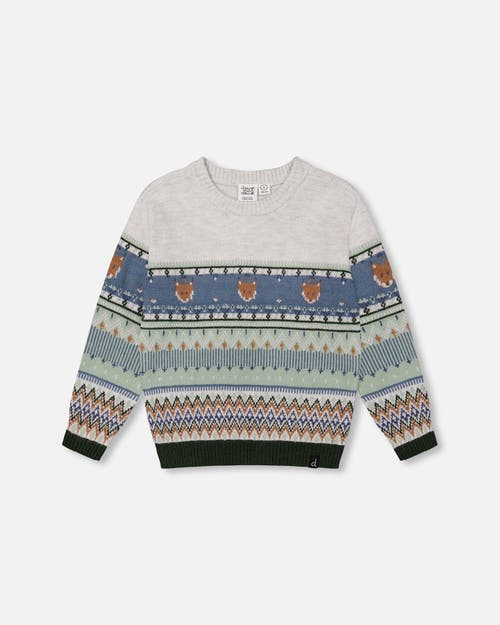 Shop Deux Par Deux Little Boy's Jacquard Sweater With Fox Beige, Blue And Green In Oatmeal