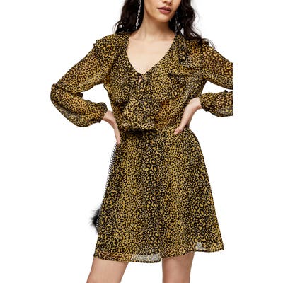 Topshop Animal Print Long Sleeve Ruffle Minidress, US (fits like 14) - Yellow