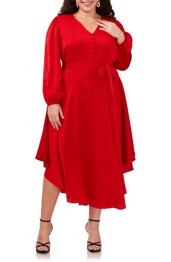 Vince Camuto Tie Waist Long Sleeve Midi Dress In Red