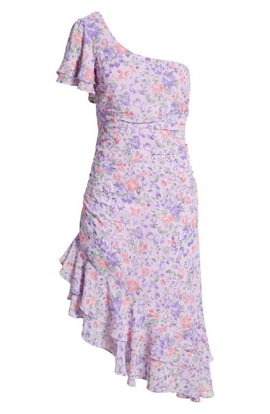 Floret Studios Floral Print One-shoulder Asymmetric Hem A-line Dress In  Lilac Purple