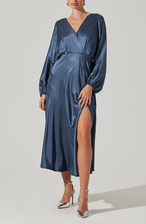 Shop Astr The Label Kimiko Long Sleeve Faux Wrap Dress In Slate Blue