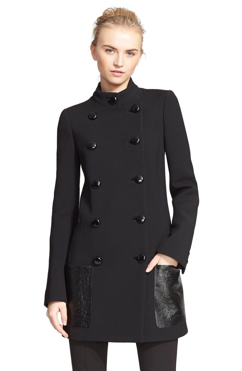 Michael Kors Double Breasted Leather Trim Duvetine Wool Crepe Jacket ...