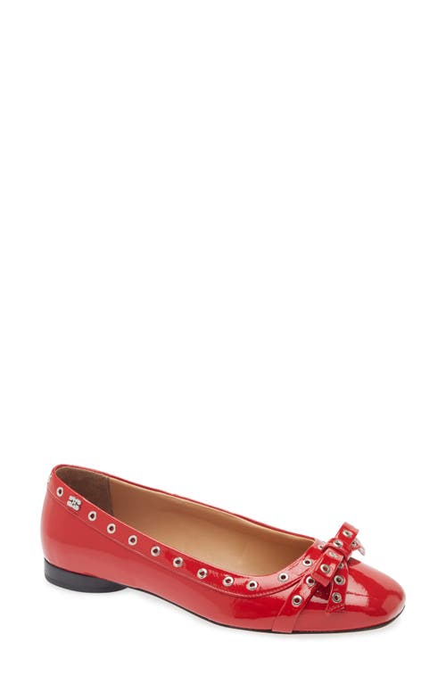 Ganni Eyelets Bow Ballet Pump In Racing Red